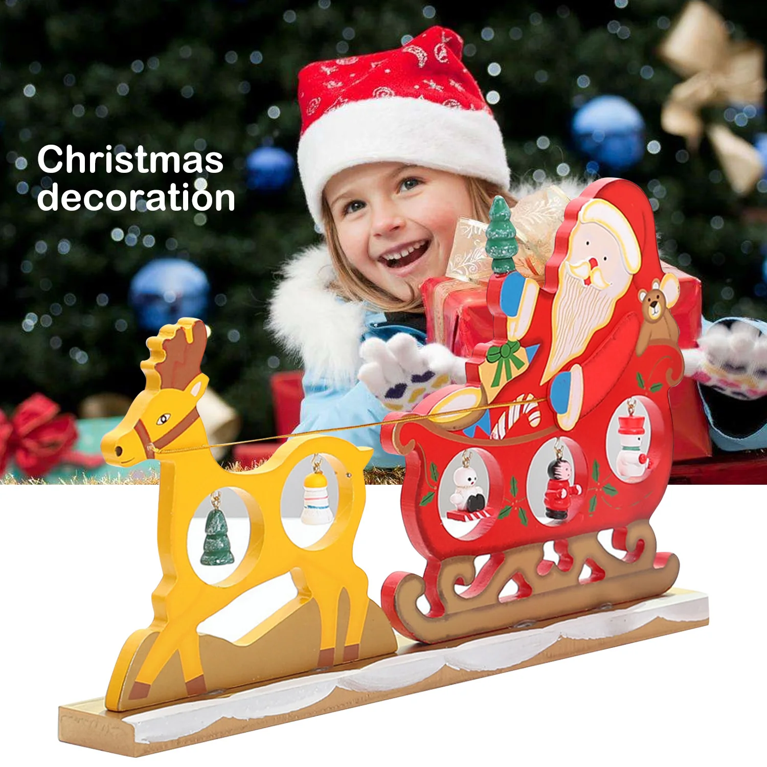 

Behogar Wooden Table Top Santa Reindeer Christmas Decoration with 5pc Mini Painted Hanging Ornament for Home Office Party Decor