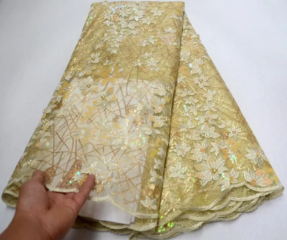 

2019 High Quality African Lace Fabrics Beige French Net Embroidery Rhinestones Tulle Lace Fabric For Nigerian Party Dress
