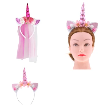 

2/set Girls' Pink Rose Floral Unicorn Horn Headband Party Headpiece Costume