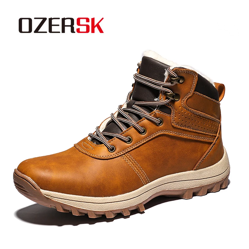 

OZERSK Brand Autumn Winter With Fur Men Boots Men Casual Ankle Boots Genuine Leather Lace Up Men Shoes Classic Shoes Snow Boots