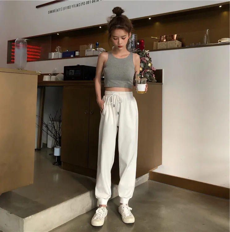 Korean chic White High Waist Harem Pants Women Casual Loose Black Long Pants Female Summer Pocket Lace-up Elastic Trousers