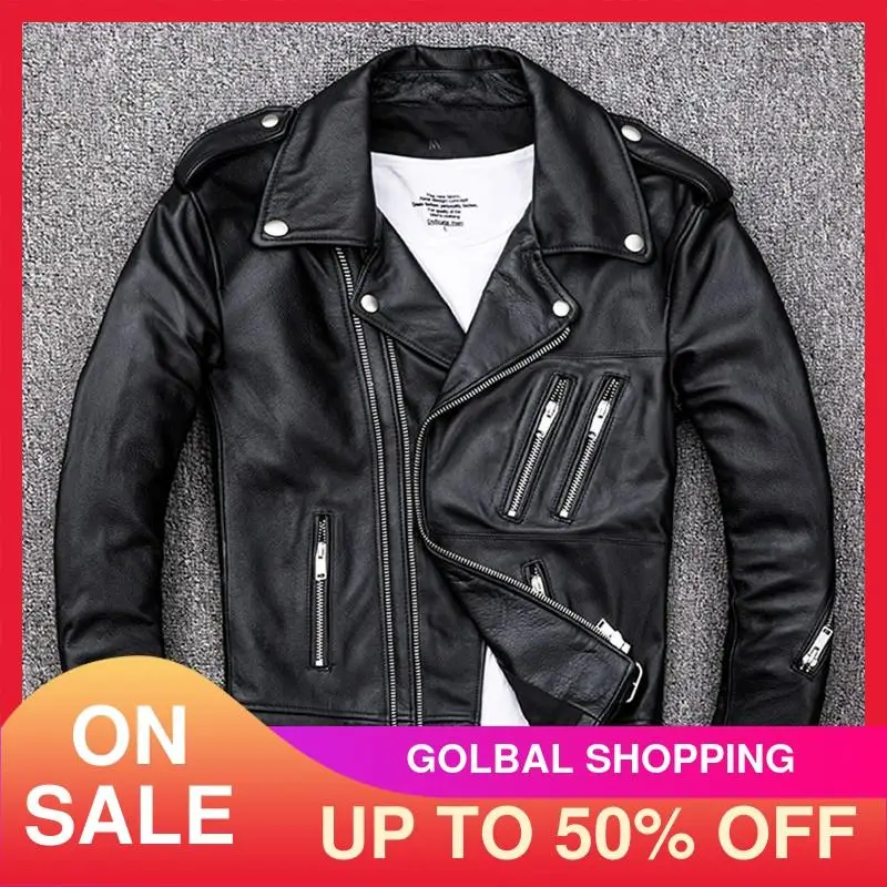 Черная Мужская Байкерская кожаная куртка на двойной молнии размера плюс XXXX из