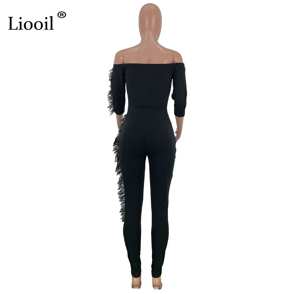 Liooil, черный, белый, перо, Сексуальные Обтягивающие Комбинезоны для женщин,, с длинным рукавом, с открытыми плечами, вечерние, Клубные комбинезоны, обтягивающие боди