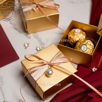 

50pcs 2pc Gold Favor Boxes Party Gift Package Wedding Shower Sweet Box Reception Gift Box Anniversary Birthday Chocolate Package