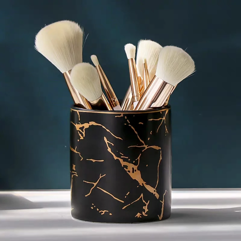 Nordic Ins Marble Pattern Pen Holder Cosmetic Brush Storage Box Makeup Brush Holder Ceramic Jar Home Table Decoration Container