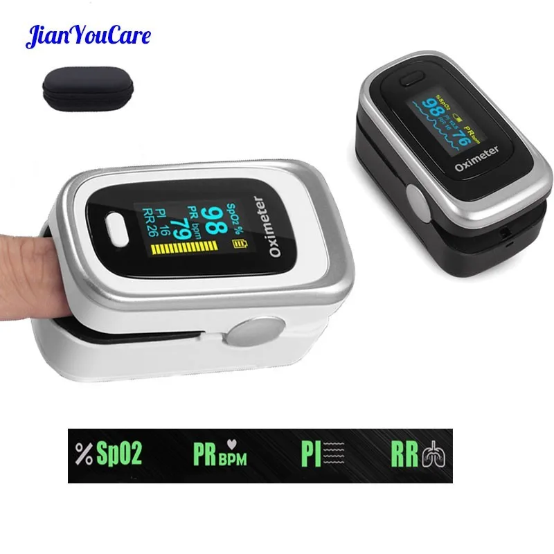 

Finger Pulse Fingertip Oled Oximeter SPO2 PR PI RR Blood Oxygen With Respiratory Rate Oximetro De Pulsioximetro Dedo and case