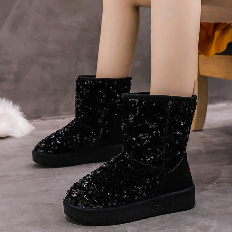 Skup Rimocy klasyczne ciepłe pluszowe buty zimowe śnieg kobiety Slip on platformy cekiny płaskie buty kobieta grube dno Glitter Booties Mujer