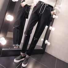 Корейские свободные джинсы с высокой талией женские стрейч большого размера черные джинсы женские джинсы брюки с вышивкой джинсы Mujer осень