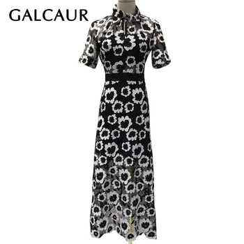 

GALCAUR Appliques Lace Women Dress Asymmetrical Collar Short Sleeve High Waist Hit Color Hollow Out Dresses For Female Fashion