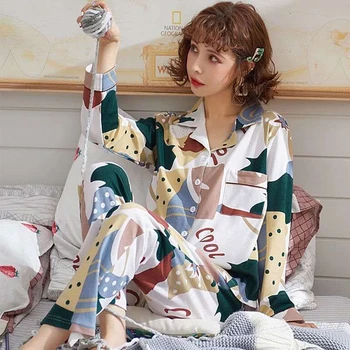 

Women Autumn Sleepwear Wave Dots Print Checkered Pajamas Long Sleeved Female Tops + Women's Long Pants Two pieces Sets