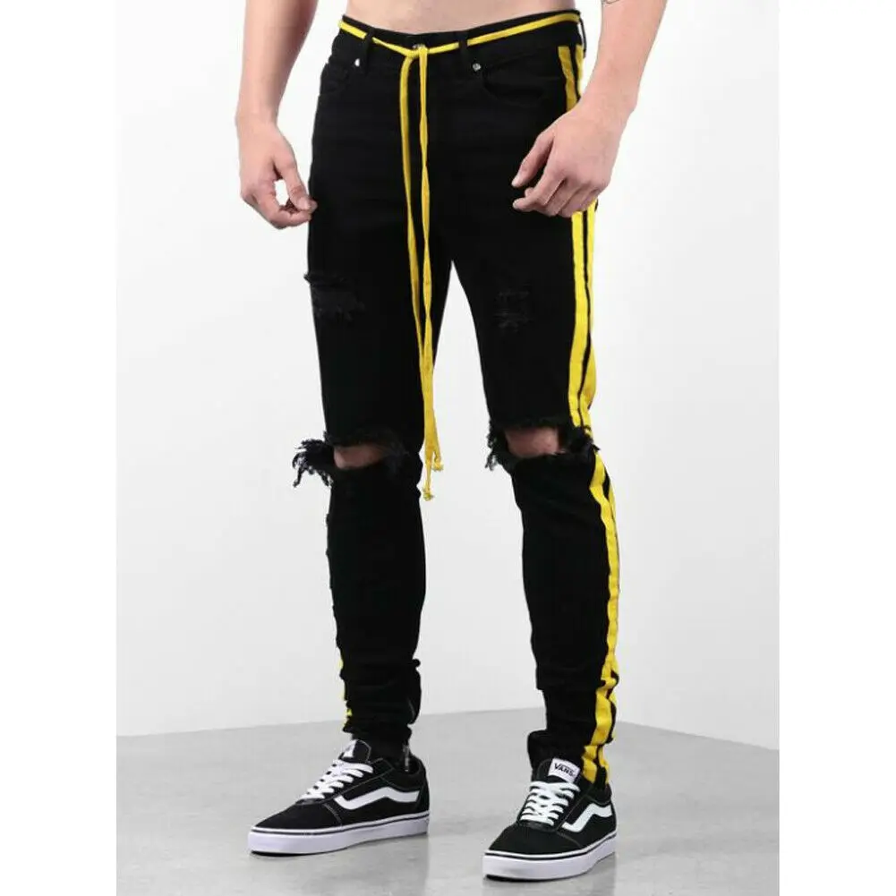 Men Side Yellow Stripe Print Jeans Biker Destroyed Frayed Fit Denim Ripped Pants Side Stripe Pencil Pants Hip Hop Streetwear Men Side Yellow Stripe Print Jeans Biker Destroyed Frayed Fit Denim Ripped Pants Side Stripe Pencil Pants Hip Hop Streetwear