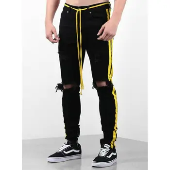 

Men Side Yellow Stripe Print Jeans Biker Destroyed Frayed Fit Denim Ripped Pants Side Stripe Pencil Pants Hip Hop Streetwear