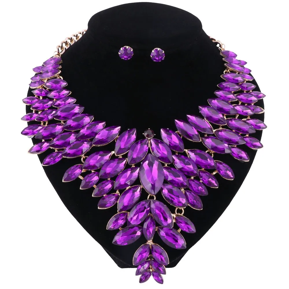 Женский комплект ювелирных изделий из кристаллов золотого цвета, модное ожерелье, серьги, Африканский костюм, нигерийский Свадебный комплект ювелирных изделий - Окраска металла: purple