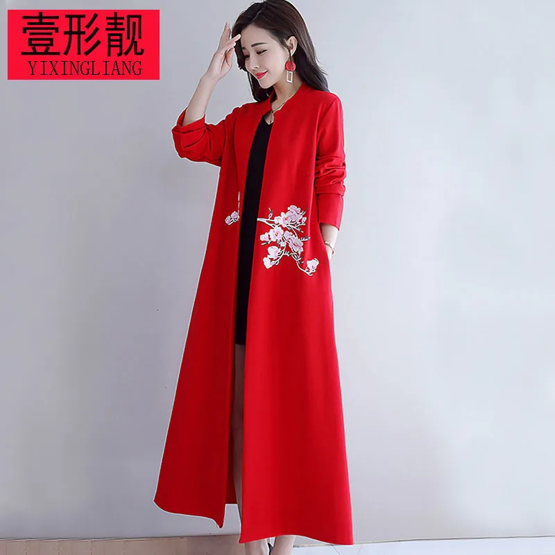 

Over-the-Knee Trench Coat Autumn And Winter New Style Ethnic-Style Large Size Dress Literature And Art-Style Embroidery Mid-leng