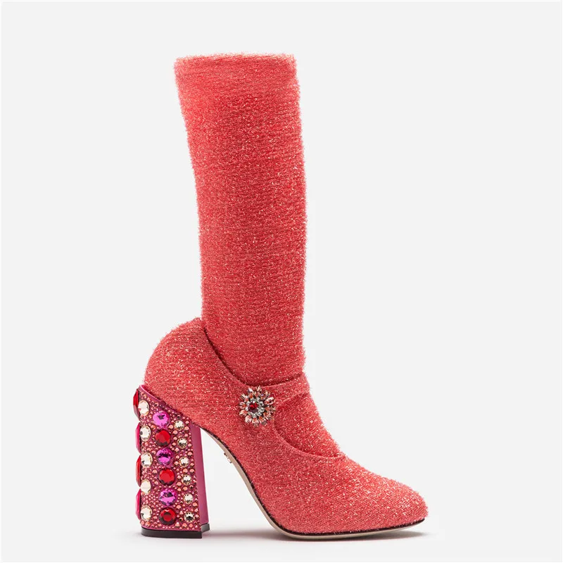 Роскошные Полустелька с украшением; эластичные облегающие Осенние новые модельные туфли; женская обувь на высоком каблуке со стразами