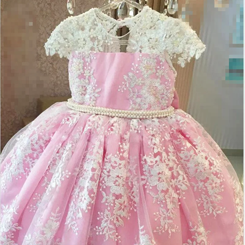 

Real Image Princess Pearls Lace Appliques Pink Flower Girl Dresses O-neck Ball Gowns for Little Baby First communion Dresses