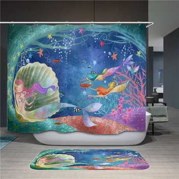 

Mermaid pattern polyester shower curtain bathroom waterproof belt 12 hook shower curtain for home decoration