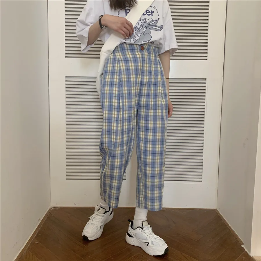 

Plaid casual joggers women sweatpants Ankle-Length Korean Straight plus size 2020 new spring wide leg loose womens sweat pants