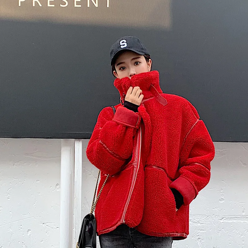 

Photo Shoot 2019 New Style ke li rong Lambs Wool Thick Fur down Jacket Cotton Overcoat Women's