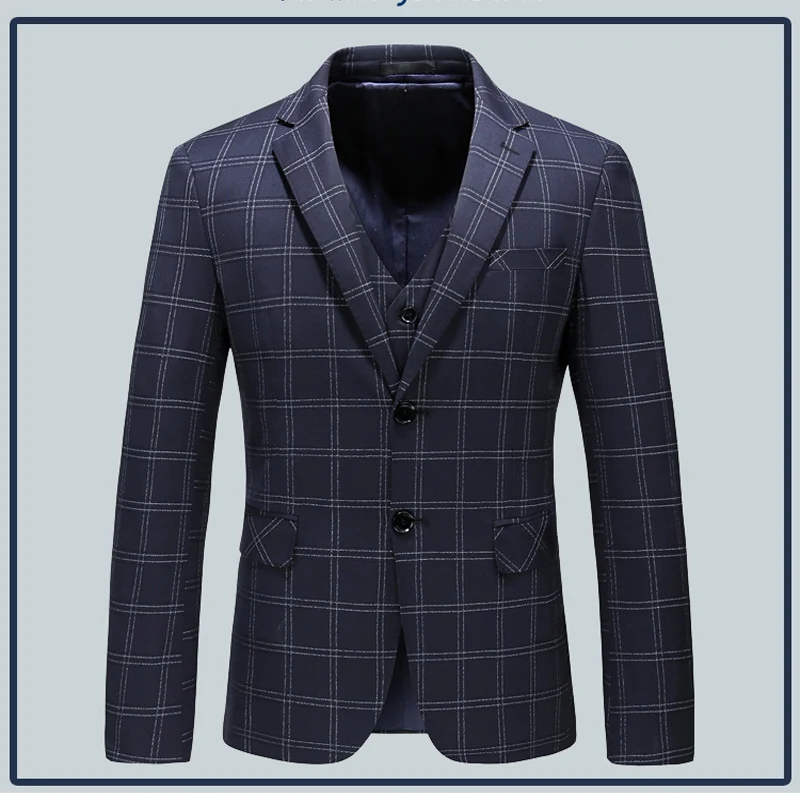 Men Suit Navy Plaid Slim Fit Wedding Suits for Men Groom Wear Smart Casual Single Breasted Father Day Gift 3-piece Set