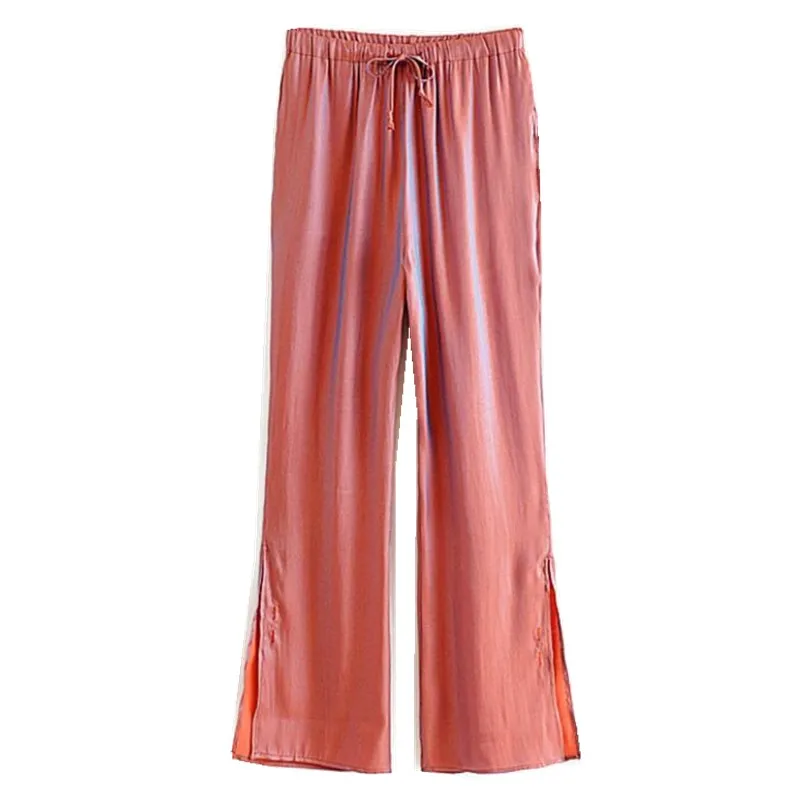 

2019 Gradient Bright Satin Wide Leg Pants Sexy Women Cuff Split African Hippie Pants Button Bottom Long Trousers Vintage