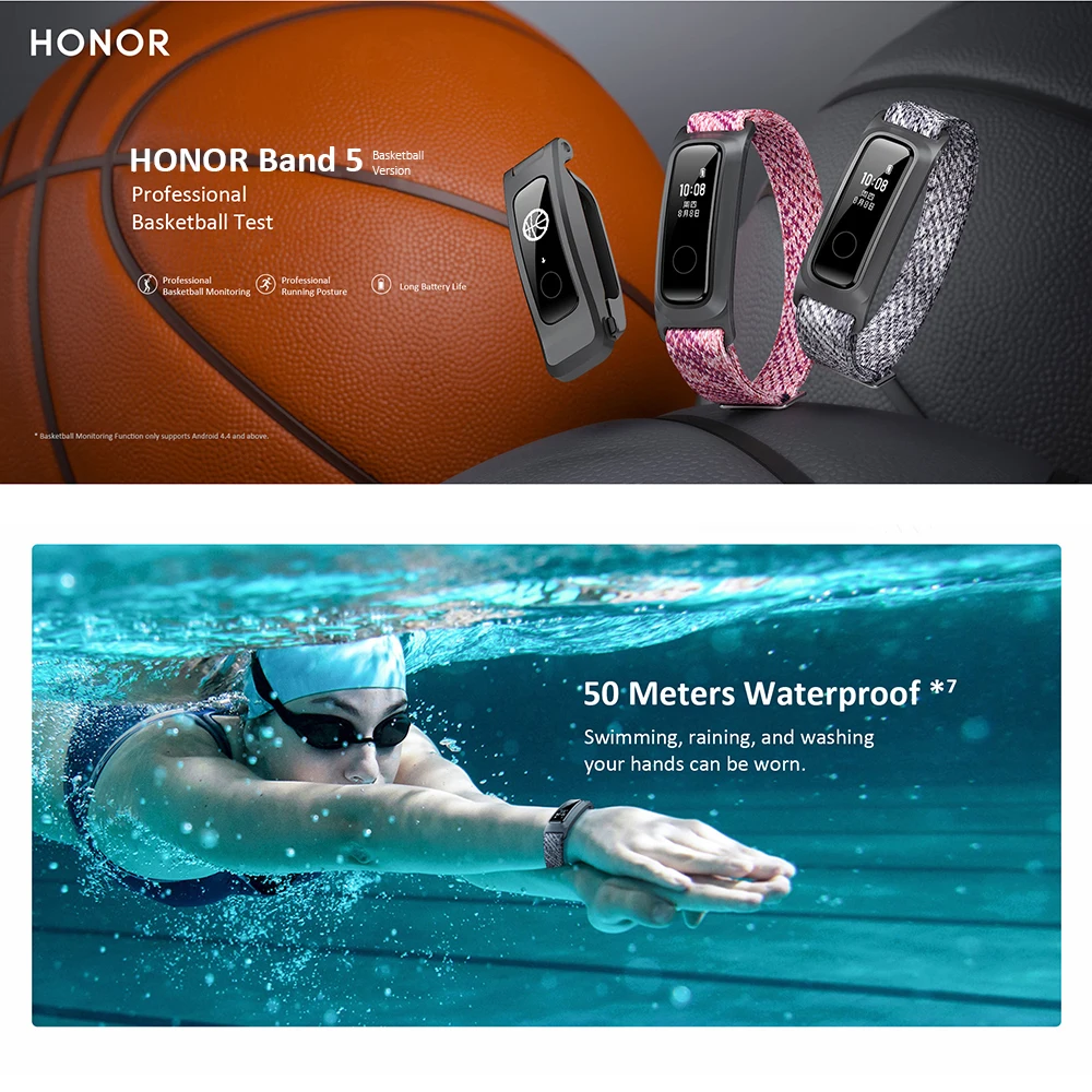 Honor Band 5 баскетбольная Версия смарт-браслет Смарт-браслет 2 режим ношения 5ATM водонепроницаемые Смарт-часы наручные часы(китайская версия