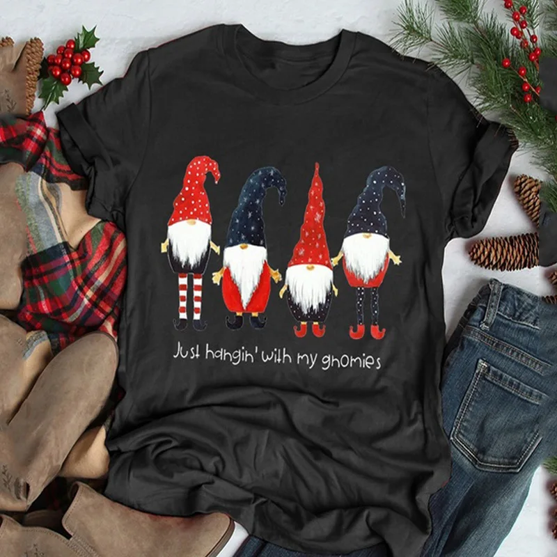 new women t shirt cotton cartoon print short sleeve christmas tee shirts Just Hangin' with My Gnomies