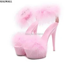 KALMALL/летние туфли на очень высоком каблуке 15 см для стриптиза; пикантные Босоножки на платформе с мехом; цвет розовый, черный, белый; обувь для танцев на шесте