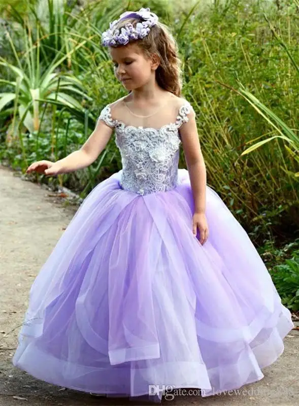 As Picture Lovely Baby Flower Girls' Dresses Sheer Neck Lace Appliques-3D Princess Party Gowns Puffy Tulle Cheap Communion Dress - Цвет: As Picture