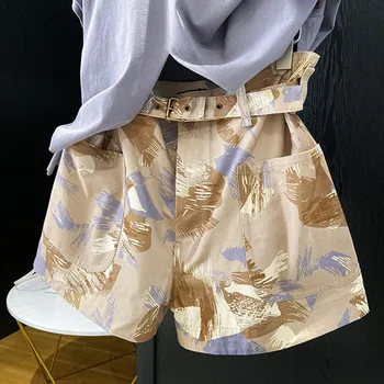 

New Camouflage graffiti print Women's Shorts high waist lady casual short pants with sashes large pockets 2020 Summer