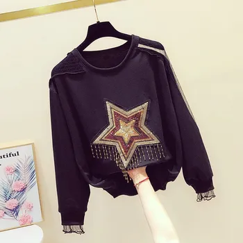 

Black Hoodies Female Autumn New Diamond Sequins Five-pointed Star Shoulder-exposed Mesh Stitching Sweatshirt Girls Layd Shirt