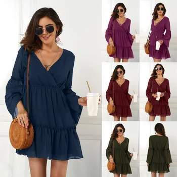 

Casual Chiffon Flare Sleeve V Neck High Waist Solid Color Sexy Mini Dress платье женское dress women party dress ropa mujer