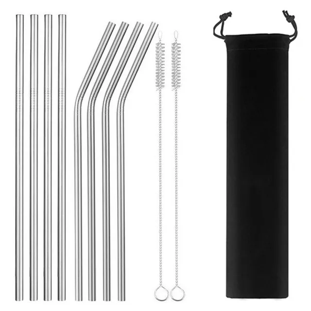 Silver 8pcs 2/8 шт многоразовые металлические соломинки из нержавеющей стали крепкие изогнутые прямые соломинки для напитков с чистящей щеткой вечерние аксессуары для бара - Цвет: Silver 8pcs