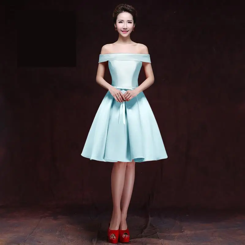 New Simple Candy Color Satin Short Bridesmaid Dress Sexy Boat Neck Off The Shoulder Lace Up Fashion Slim Cheap Party Gown