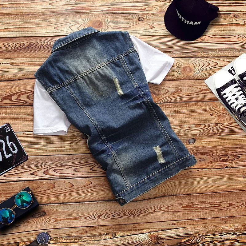 

Жилет мужской джинсовый, модная потертая безрукавка из денима, приталенный силуэт, Повседневная Уличная одежда, джинсовая майка, весна-осень
