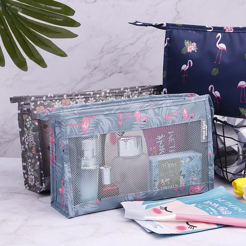  Flamingo Mesh Women Cosmetic Bag Travel Function Makeup Case Zipper Make Up Organizer Storage Pouch