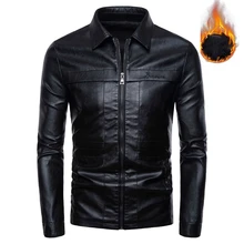 Высококачественная Мужская кожаная куртка зимняя Толстая теплая куртка облегающая Байкерская мотоциклетные кожаные куртки черные повседневные куртки с длинным рукавом