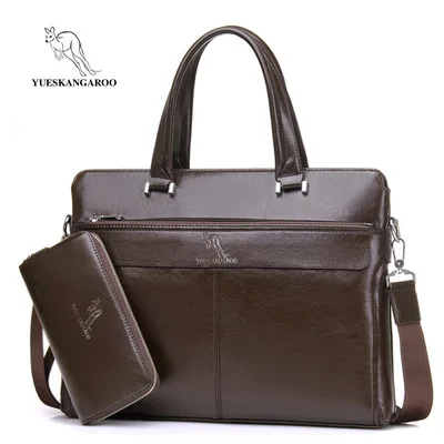Deep Brown Set YUESKANGAROO мужская сумка, деловая сумка для ноутбука, винтажный кожаный портфель, мужская повседневная сумка через плечо, Сумка для документов, мужская сумка ts - Цвет: Deep Brown Set
