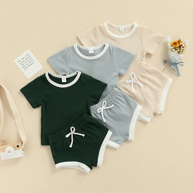 New Simple Unisex Baby Shorts Set Round Neck Short Sleeve Ribbed Tops Drawstring Elastic Waist Pants Kids Clothing |