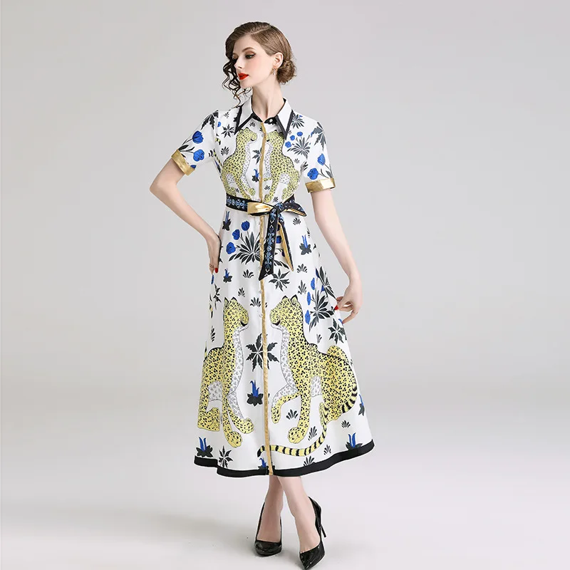 

6217-New Style Europe And America Debutante Elegant Printed Single Breasted Waist Hugging Western Style Long Dress [Photo Shoot