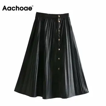 

Women Faux Leather Pleated Skirt Fashion Loose A-line Skirts Female 2020 Autumn Winter Elegant Office Lady Midi Skirt