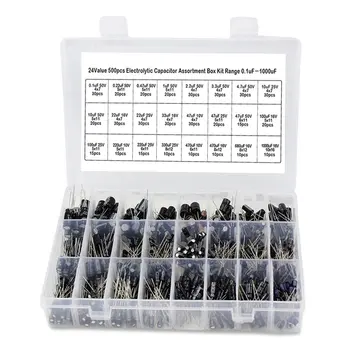 

500Pcs 0.1UF-1000UF 24Values Aluminum Electrolytic Capacitors 16-50V mix Electrolytic capacitor Assorted kit and storage box