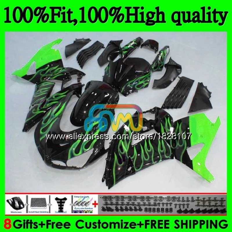 No. 1 Инъекции для KAWASAKI ZX 14R ZX14R 06 07 08 09 10 11 21BS. 139 ZZR1400 ZX-14R 2006 2007 2008 2009 2010 зеленый пламя 2011 обтекатель - Цвет: No. 1