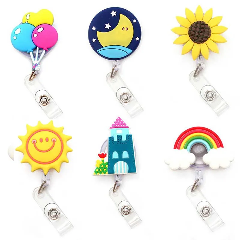 New Cute Rainbow Sun & Balloon  Silicon Retractable Pull Badge Reel ID Lanyard Name Tag Card Badge Holder Reels For Gift