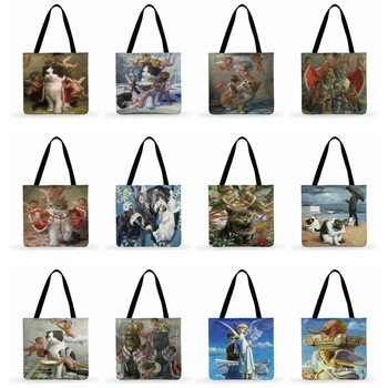 

Ladies Shoulder Bag Classic Painting Story My Cat Print Tote Bag Women Casual Tote Foldable Shopping Bag Outdoor Beach Tote Bag
