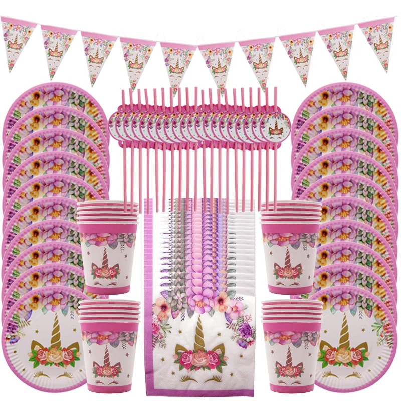 Pink розовый Радужный баннер Единорог тарелки воздушные шары салфетка обертка для кексов Baby Shower украшения для детского дня рождения