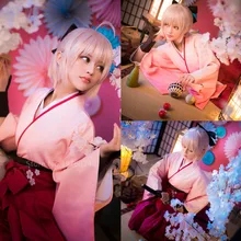 Японский стиль косплей костюм для женщин традиционное розовое однотонное кимоно Сакура вышивка аниме сабля штаны для косплея с париком