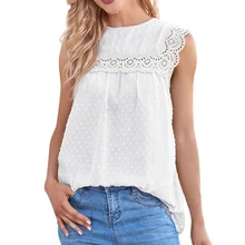 

Sleeveless Jacquard Elegant T-Shirts Summer Women Fashion Solid Colors Hollow Out Tops O-Neck Lace Patchwork Tees with Lining