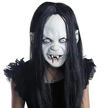 

Halloween Horror Sadako Yamamura Grimace Face Mask Prop with Hair Cosplay Party