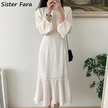 

Sister Fara 2022 Spring Autumn O-Neck Folds Dresses for Women Elegant Lace Up Puff Sleeve Mid Dress Female Long Mermaid Dresses